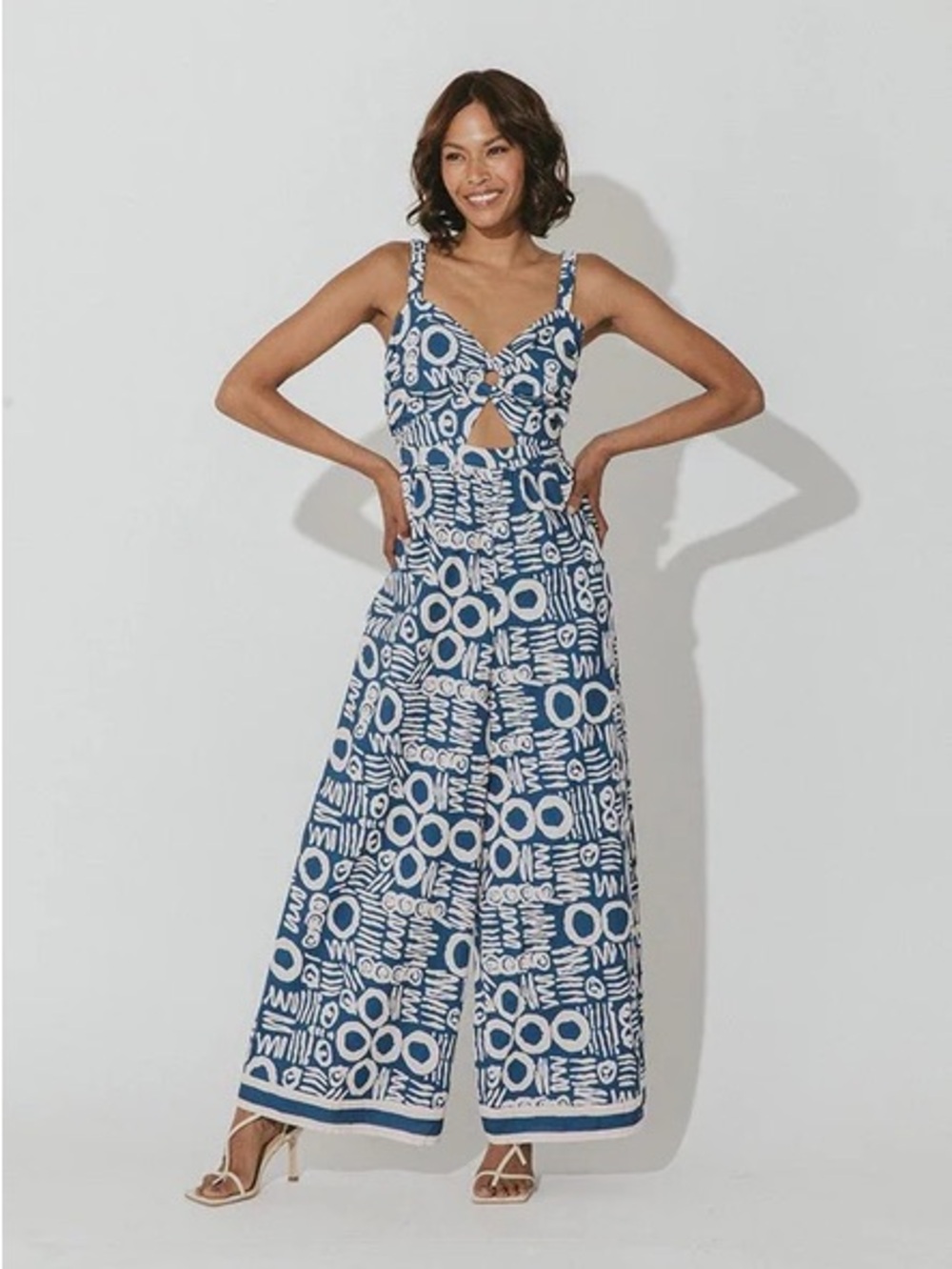 Cleobella / Sade Navy & White Cutout Geometric Wide-Leg Jumpsuit Sz L - NWT